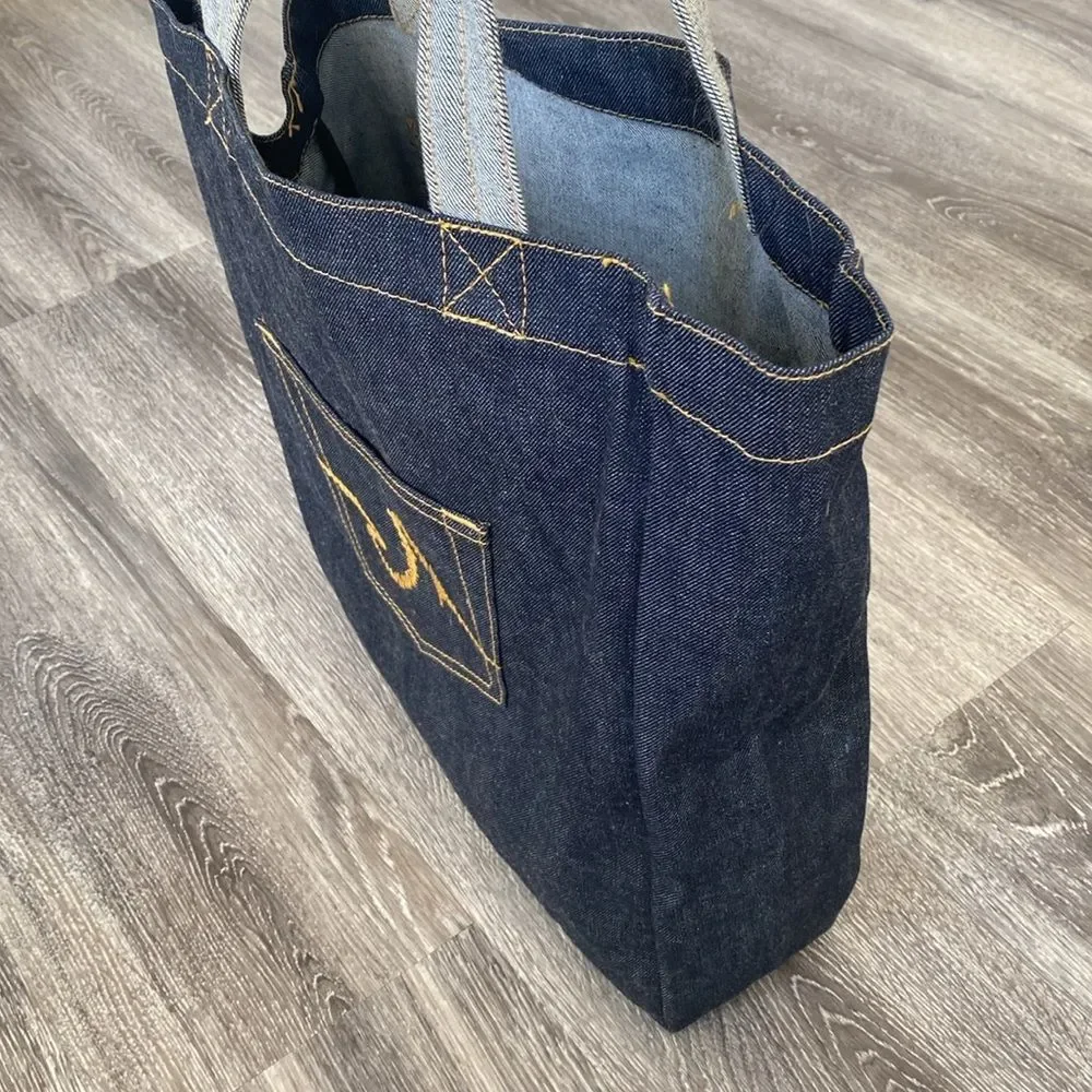 AG Adriano Goldschmied Blue Denim Tote embroidered Logo w/ Read threads NWOT